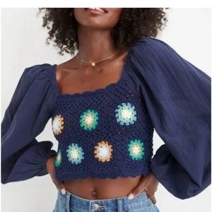 Aerie Blue Crochet Granny Square Floral Crop Top Long Sleeve Blue Multicolor S